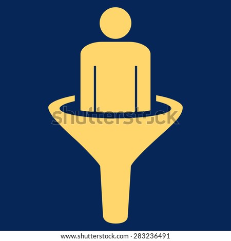 Sales funnel icon from Business Bicolor Set. Glyph style: flat symbol, yellow color, rounded angles, blue background.