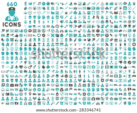 690 medical service, health care, pharmacy business, drugstore, science icons. Icon set style: bicolor flat, grey and cyan vector symbols, rounded angles, white background.