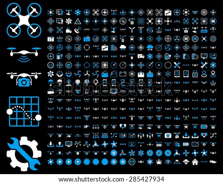 365 air drone and quadcopter tool icons. Icon set style: flat vector bicolor images, blue and white symbols, isolated on a black background.