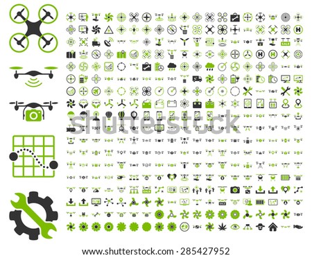 365 air drone and quadcopter tool icons. Icon set style: flat vector bicolor images, eco green and gray symbols, isolated on a white background.