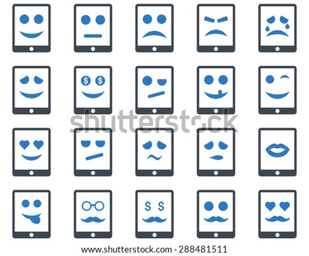 Emotion mobile tablet icons. Glyph set style: bicolor flat images, smooth blue symbols, isolated on a white background.