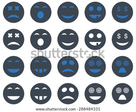 Smile and emotion icons. Vector set style: bicolor flat images, smooth blue symbols, isolated on a white background.