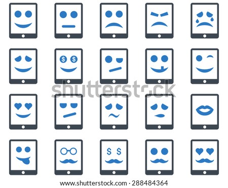 Emotion mobile tablet icons. Vector set style: bicolor flat images, smooth blue symbols, isolated on a white background.