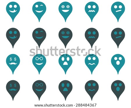 Emotion map marker icons. Vector set style: bicolor flat images, soft blue symbols, isolated on a white background.