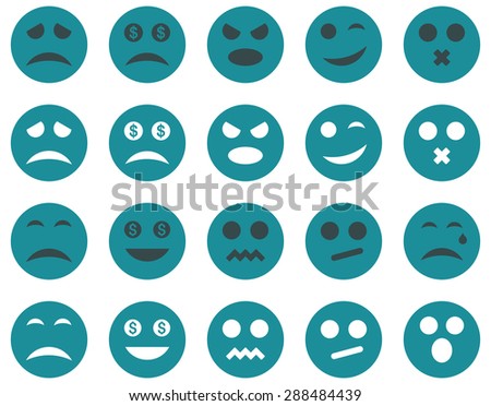 Smile and emotion icons. Vector set style: bicolor flat images, soft blue symbols, isolated on a white background.