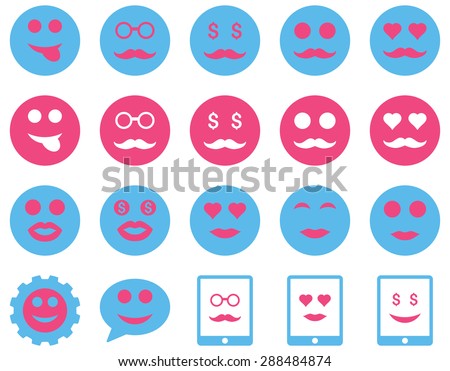 Smile and emotion icons. Vector set style: bicolor flat images, pink and blue symbols, isolated on a white background.