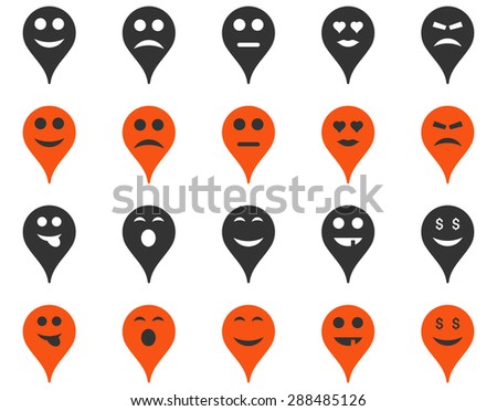 Emotion map marker icons. Vector set style: bicolor flat images, orange and gray symbols, isolated on a white background.