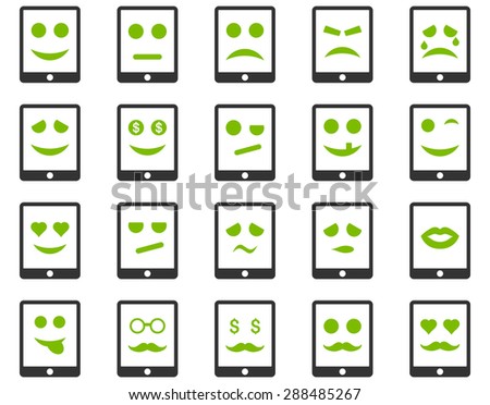 Emotion mobile tablet icons. Vector set style: bicolor flat images, eco green and gray symbols, isolated on a white background.