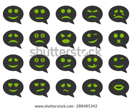 Chat emotion smile icons. Vector set style: bicolor flat images, eco green and gray symbols, isolated on a white background.