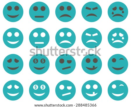 Smile and emotion icons. Vector set style: bicolor flat images, grey and cyan symbols, isolated on a white background.