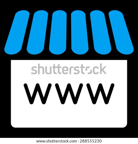 Webstore icon from Business Bicolor Set. Vector style: bicolor flat symbol, blue and white colors, rounded angles, black background.