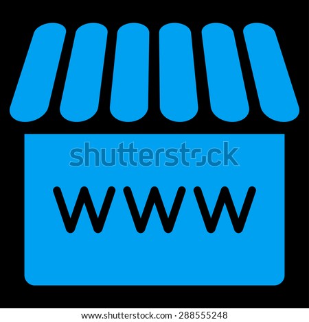 Webstore icon from Business Bicolor Set. Vector style: flat symbol, blue color, rounded angles, black background.