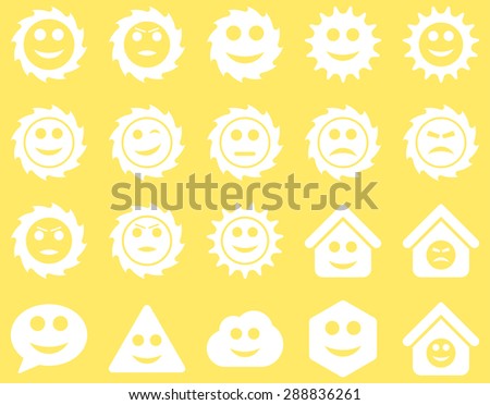 Tools, gears, smiles, emotions icons. Vector set style: flat images, white symbols, isolated on a yellow background.