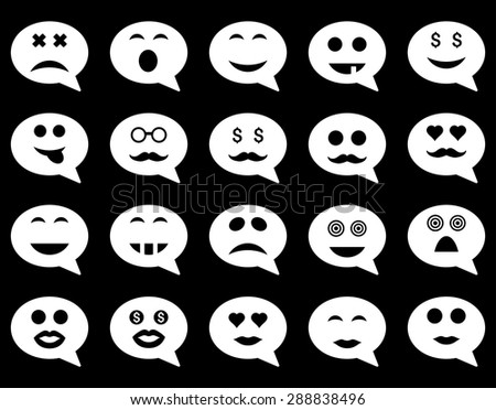 Chat emotion smile icons. Vector set style: flat images, white symbols, isolated on a black background.