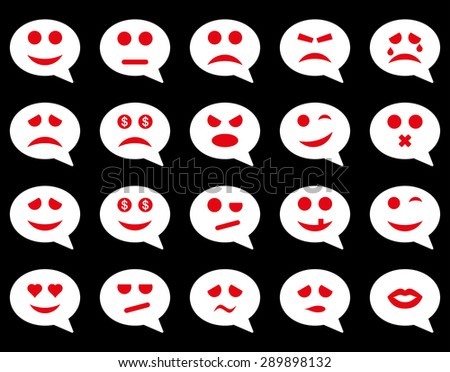 Chat emotion smile icons. Vector set style: bicolor flat images, red and white symbols, isolated on a black background.