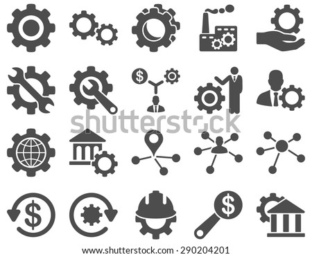 Settings and Tools Icons. Vector set style: flat images, gray color, isolated on a white background.