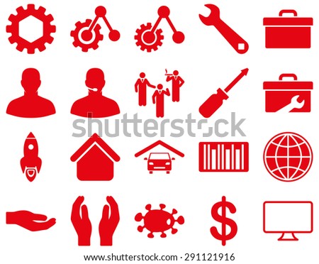 Settings and Tools Icons. Vector set style: flat images, red color, isolated on a white background.