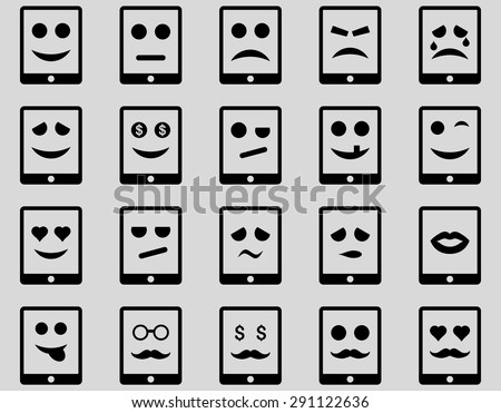 Emotion mobile tablet icons. Vector set style: flat images, black symbols, isolated on a light gray background.