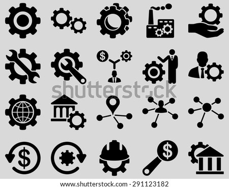 Settings and Tools Icons. Vector set style: flat images, black color, isolated on a light gray background.