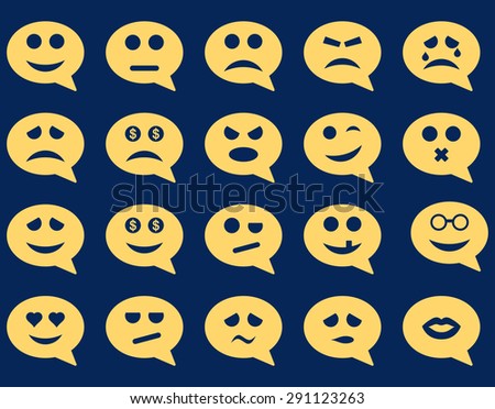 Chat emotion smile icons. Vector set style: flat images, yellow symbols, isolated on a blue background.