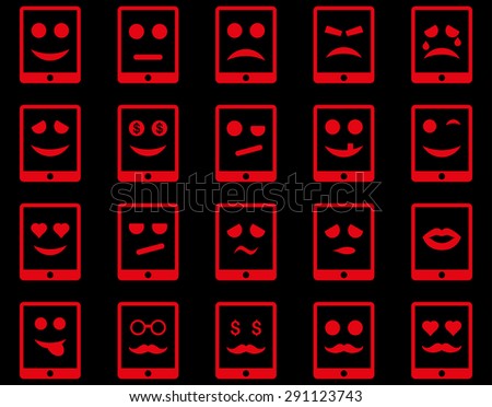 Emotion mobile tablet icons. Vector set style: flat images, red symbols, isolated on a black background.