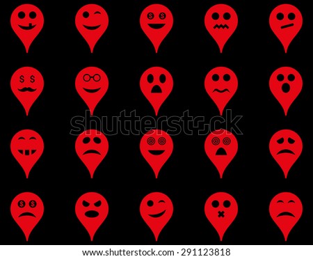 Emotion map marker icons. Vector set style: flat images, red symbols, isolated on a black background.