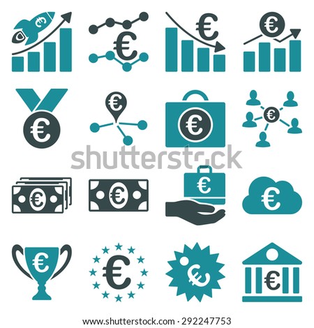 Euro banking business and service tools icons. These flat bicolor icons use soft blue. Images are isolated on a white background. Angles are rounded.