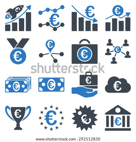 Euro banking business and service tools icons. These flat bicolor icons use smooth blue. Images are isolated on a white background. Angles are rounded.