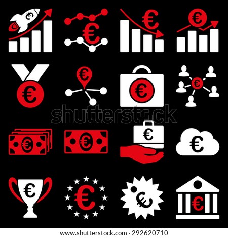 Euro banking business and service tools icons. These flat bicolor icons use red and white colors. Images are isolated on a black background. Angles are rounded.