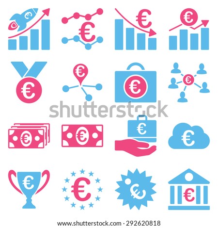 Euro banking business and service tools icons. These flat bicolor icons use pink and blue. Images are isolated on a white background. Angles are rounded.