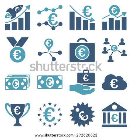 Euro banking business and service tools icons. These flat bicolor icons use cyan and blue. Images are isolated on a white background. Angles are rounded.