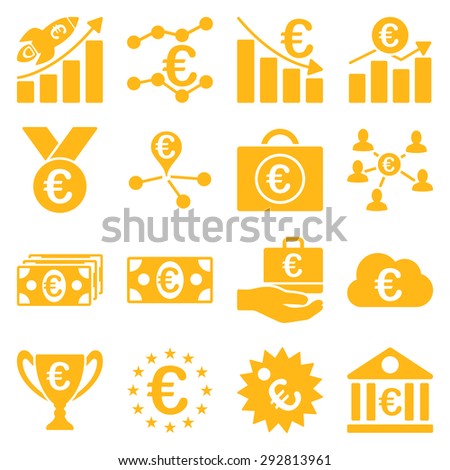 Euro banking business and service tools icons. These flat icons use yellow color. Images are isolated on a white background. Angles are rounded.