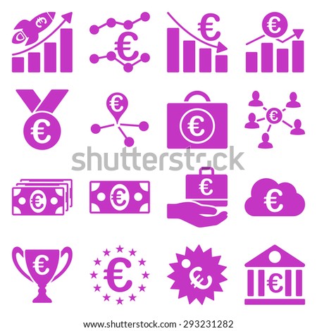 Euro banking business and service tools icons. These flat icons use violet color. Images are isolated on a white background. Angles are rounded.