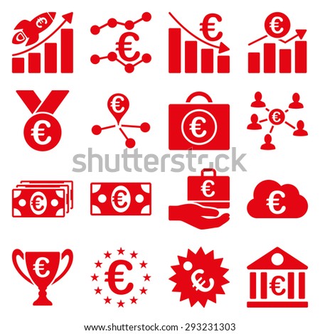 Euro banking business and service tools icons. These flat icons use red color. Images are isolated on a white background. Angles are rounded.