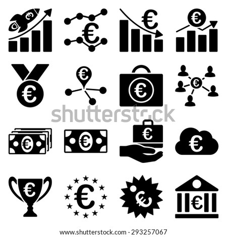 Euro banking business and service tools icons. These flat icons use black color. Images are isolated on a white background. Angles are rounded.