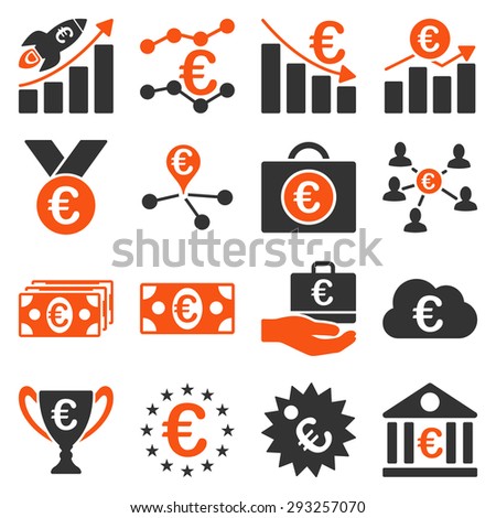 Euro banking business and service tools icons. These flat bicolor icons use orange and gray colors. Images are isolated on a white background. Angles are rounded.