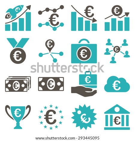 Euro banking business and service tools icons. These flat bicolor icons use grey and cyan colors. Images are isolated on a white background. Angles are rounded.