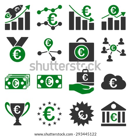 Euro banking business and service tools icons. These flat bicolor icons use green and gray colors. Images are isolated on a white background. Angles are rounded.