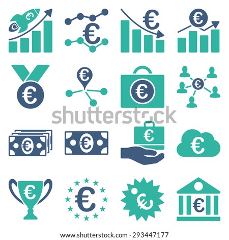Euro banking business and service tools icons. These flat bicolor icons use cobalt and cyan colors. Images are isolated on a white background. Angles are rounded.