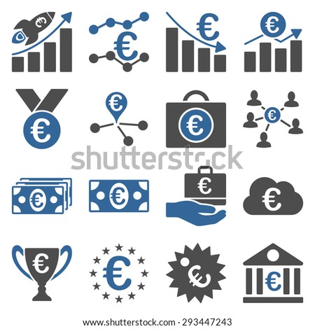 Euro banking business and service tools icons. These flat bicolor icons use cobalt and gray colors. Images are isolated on a white background. Angles are rounded.