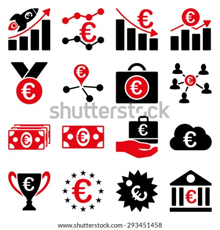 Euro banking business and service tools icons. These flat bicolor icons use intensive red and black colors. Images are isolated on a white background. Angles are rounded.