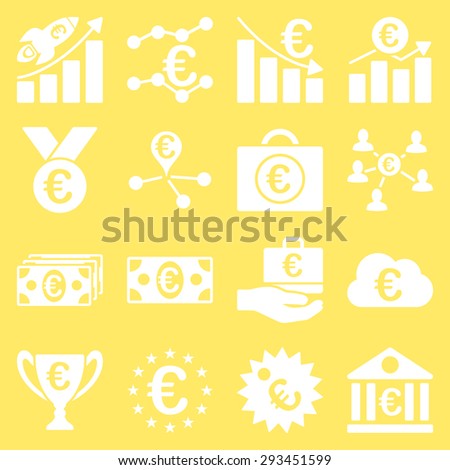 Euro banking business and service tools icons. These flat icons use white color. Images are isolated on a yellow background. Angles are rounded.