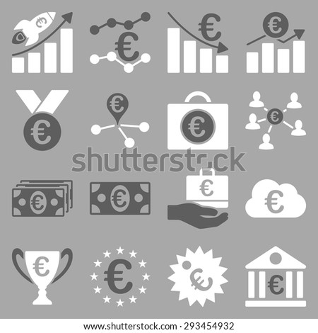 Euro banking business and service tools icons. These flat bicolor icons use dark gray and white colors. Images are isolated on a silver background. Angles are rounded.
