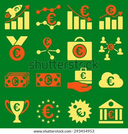 Euro banking business and service tools icons. These flat bicolor icons use orange and yellow colors. Images are isolated on a green background. Angles are rounded.