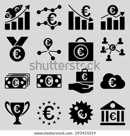 Euro banking business and service tools icons. These flat icons use black color. Images are isolated on a light gray background. Angles are rounded.
