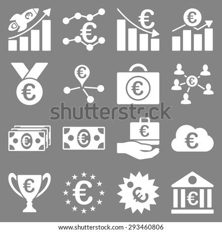 Euro banking business and service tools icons. These flat icons use white color. Images are isolated on a gray background. Angles are rounded.