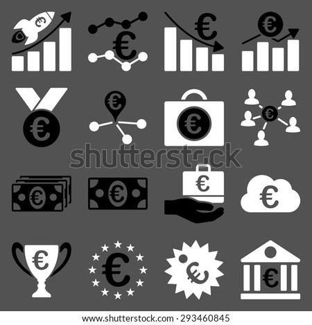 Euro banking business and service tools icons. These flat bicolor icons use black and white colors. Images are isolated on a gray background. Angles are rounded.