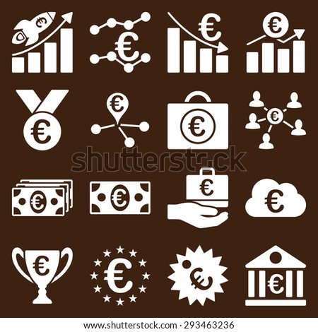 Euro banking business and service tools icons. These flat icons use white color. Images are isolated on a brown background. Angles are rounded.