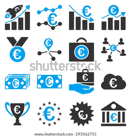 Euro banking business and service tools icons. These flat bicolor icons use blue and gray. Images are isolated on a white background. Angles are rounded.