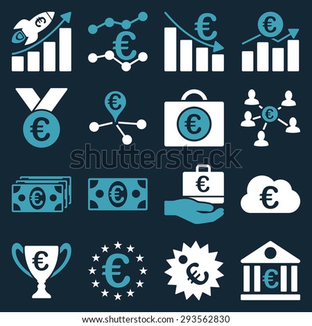 Euro banking business and service tools icons. These flat bicolor icons use blue and white. Images are isolated on a dark blue background. Angles are rounded.